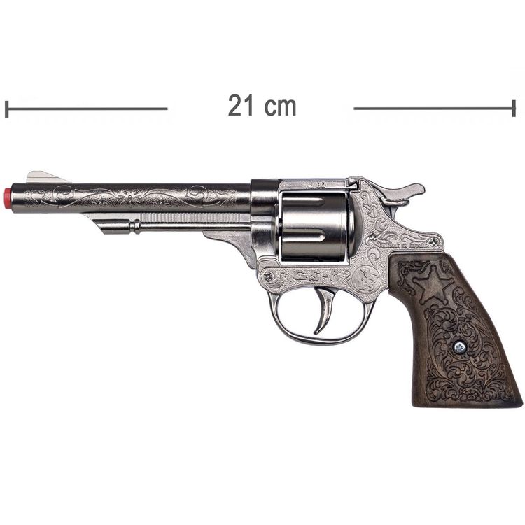 Cowboy Pistole 21 cm silbern braun 8 Schuss Western-Revolver Cowboy Pistole 21 cm silbern braun 8 Schuss Western-Revolver Kostüm-Zubehör Spielzeug-Revolver Kinder-Spielzeug Cowboy-Pistole für Kinder Western Wilder Westen Accessoire