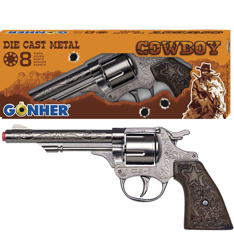 Cowboy Pistole 21 cm silbern braun 8 Schuss Western-Revolver Cowboy Pistole 21 cm silbern braun 8 Schuss Western-Revolver Kostüm-Zubehör Spielzeug-Revolver Kinder-Spielzeug Cowboy-Pistole für Kinder Western Wilder Westen Accessoire