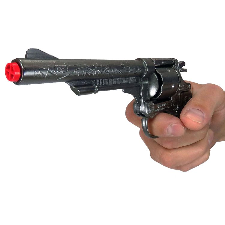Cowboy Pistole 21 cm silbern braun 8 Schuss Western-Revolver Cowboy Pistole 21 cm silbern braun 8 Schuss Western-Revolver Kostüm-Zubehör Spielzeug-Revolver Kinder-Spielzeug Cowboy-Pistole für Kinder Western Wilder Westen Accessoire
