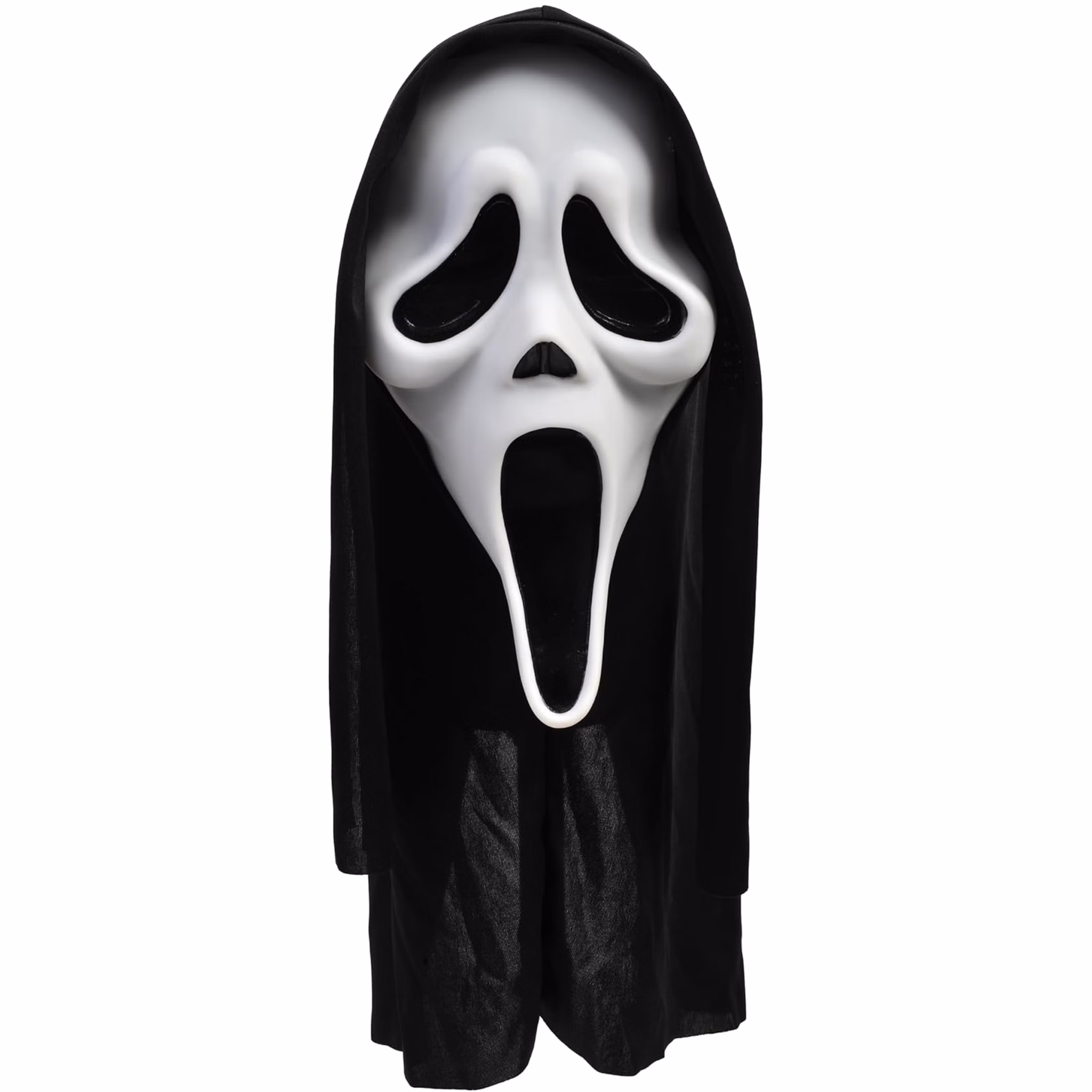 Ghost Face Maske mit schwarzer Kapuze Halloween-Maske für Erwachsene Original Ghost Face™ Maske mit angenähter schwarzer Kapuze Kostüm-Zubehör Halloween Fasching Karneval Mottoparty Ghost Face™ Maske mit schwarzer Stoffkapuze in Frontalansicht. Weiße Horror-Maske mit langgezogenem Mund auf weißem Hintergrund.