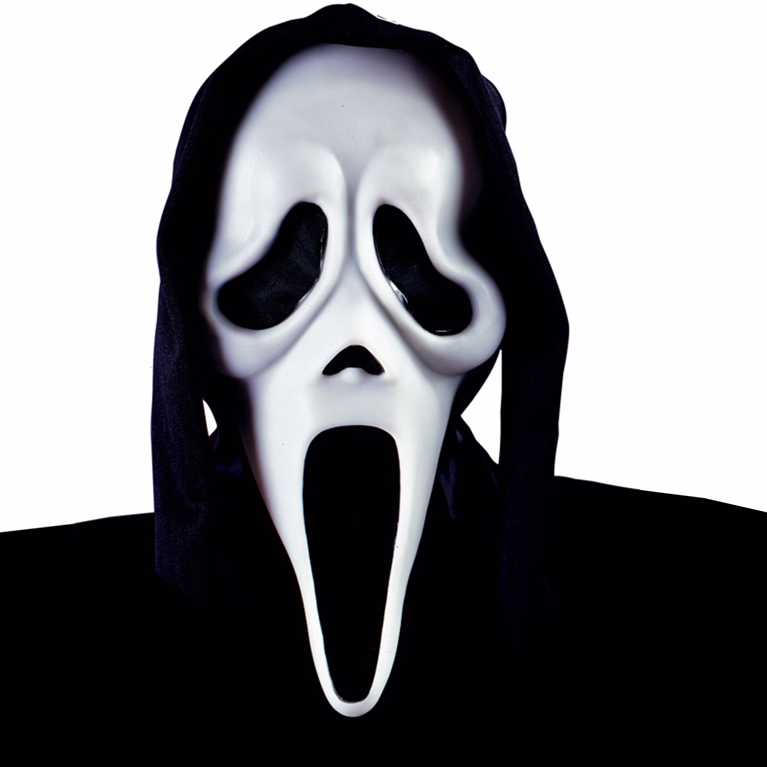 Ghost Face Maske mit schwarzer Kapuze Halloween-Maske für Erwachsene Original Ghost Face™ Maske mit angenähter schwarzer Kapuze Kostüm-Zubehör Halloween Fasching Karneval Mottoparty Ghost Face™ Maske mit schwarzer Kapuze und weißem Horror-Gesicht als klassische Halloween-Maske für Erwachsene auf weißem Hintergrund.
