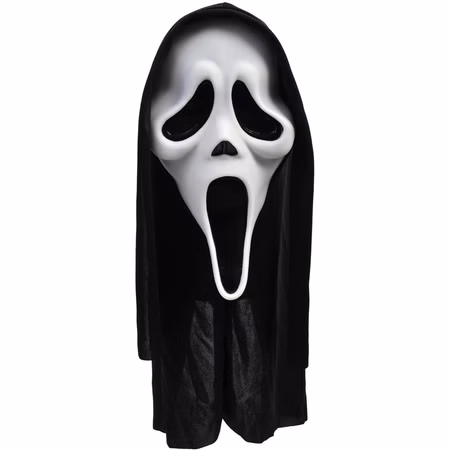Ghost Face Maske mit schwarzer Kapuze Halloween-Maske für Erwachsene Original Ghost Face™ Maske mit angenähter schwarzer Kapuze Kostüm-Zubehör Halloween Fasching Karneval Mottoparty Ghost Face™ Maske mit schwarzer Stoffkapuze in Frontalansicht. Weiße Horror-Maske mit langgezogenem Mund auf weißem Hintergrund.
