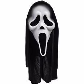 Ghost Face™ Maske mit schwarzer Stoffkapuze in Frontalansicht. Weiße Horror-Maske mit langgezogenem Mund auf weißem Hintergrund.