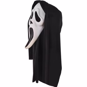 Ghost Faceâ„¢ Maske mit schwarzer Stoffkapuze in Seitenansicht. Die seitliche Form der weiÃŸen Horror-Maske ist gut sichtbar.