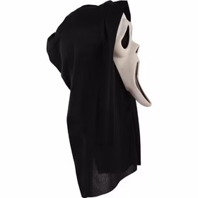 Ghost Faceâ„¢ Maske mit schwarzer Stoffkapuze aus schrÃ¤ger Seitenansicht. Der lange MaskenkÃ¶rper und die Kapuze sind deutlich erkennbar.