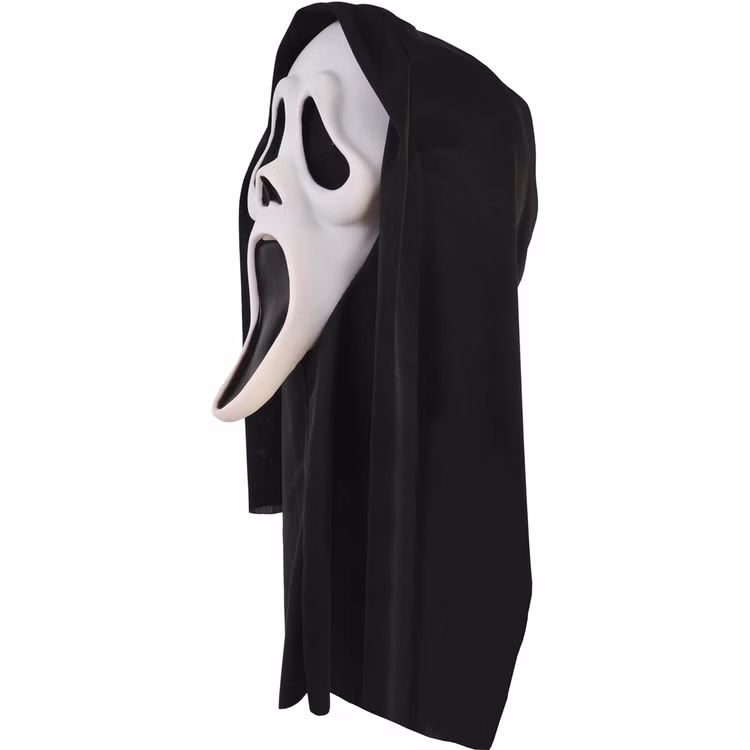 Ghost Face Maske mit schwarzer Kapuze Halloween-Maske für Erwachsene Original Ghost Face™ Maske mit angenähter schwarzer Kapuze Kostüm-Zubehör Halloween Fasching Karneval Mottoparty Ghost Face™ Maske mit schwarzer Stoffkapuze in Seitenansicht. Die seitliche Form der weißen Horror-Maske ist gut sichtbar.