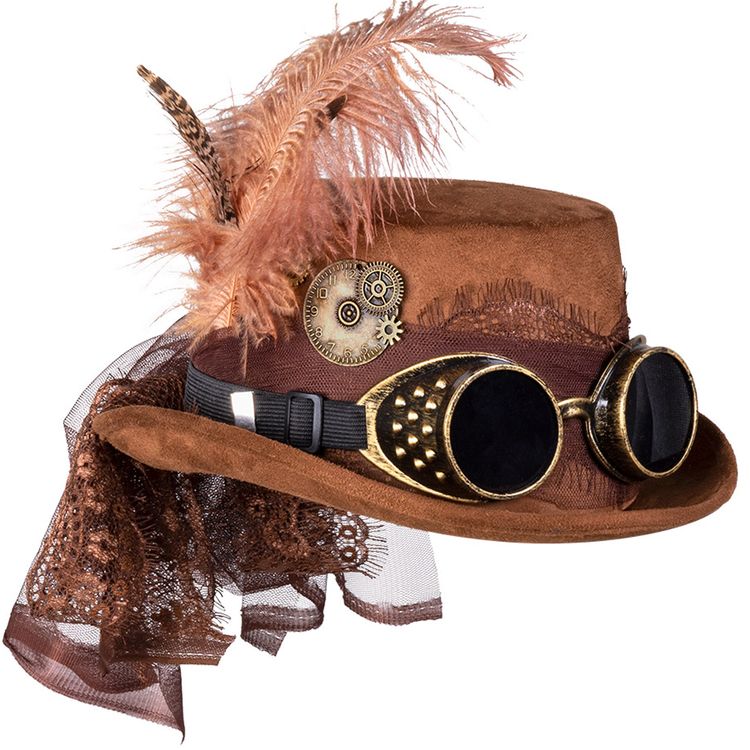Steampunk Zylinder Deluxe braun mit Schweißerbrille & Federn für Erwachsene Kostüm-Zubehör Zeitreisende Gothic Fasching Karneval Mottoparty Hut