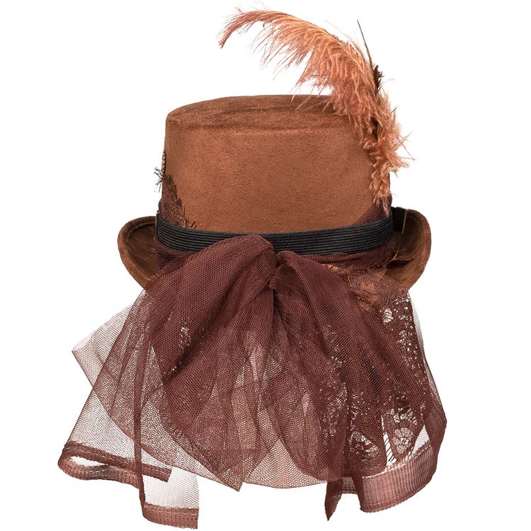 Steampunk Zylinder Deluxe braun mit Schweißerbrille & Federn für Erwachsene Kostüm-Zubehör Zeitreisende Gothic Fasching Karneval Mottoparty Hut