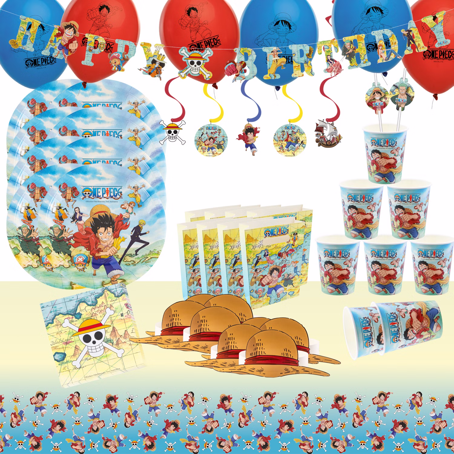 XXL One Piece Party-Set Kindergeburtstag 73-tlg. Party-Deko Tischdeko Deko Dekoration Kindergeburtstag Geburtstag Manga Anime Comic Filmheld Party-Geschirr Dekoratives One Piece Party-Set für Kinder und Erwachsene.