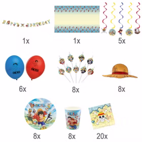 XXL One Piece Party-Set Kindergeburtstag 65-tlg. Party-Deko Tischdeko Deko Dekoration Kindergeburtstag Geburtstag Manga Anime Comic Filmheld Party-Geschirr Übersicht über die Einzelteile des One Piece Party-Sets.