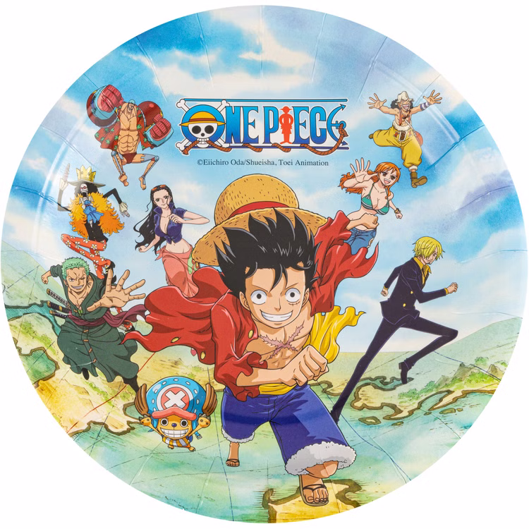 XXL One Piece Party-Set Kindergeburtstag 65-tlg. Party-Deko Tischdeko Deko Dekoration Kindergeburtstag Geburtstag Manga Anime Comic Filmheld Party-Geschirr One Piece Teller von Vorne vor weißem Hintergrund.