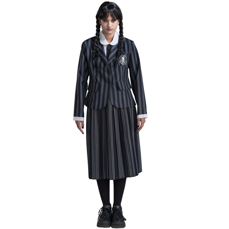 Wednesday Kostüm Deluxe Schuluniform Nevermore inkl. Perücke für Damen Wednesday Kostüm Deluxe Schuluniform Nevermore inkl. Perücke für Damen Gr. XS-L Uniform schwarz grau Lizenzkostüm Fasching Karneval Mottoparty Gruppen- und Familienkostüm