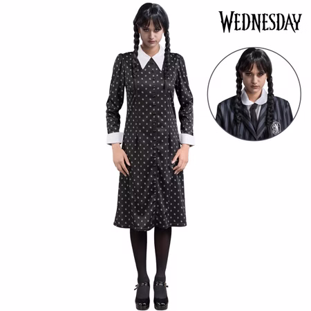 Wednesday Kostüm Kleid schwarz Deluxe inkl. Perücke für Damen