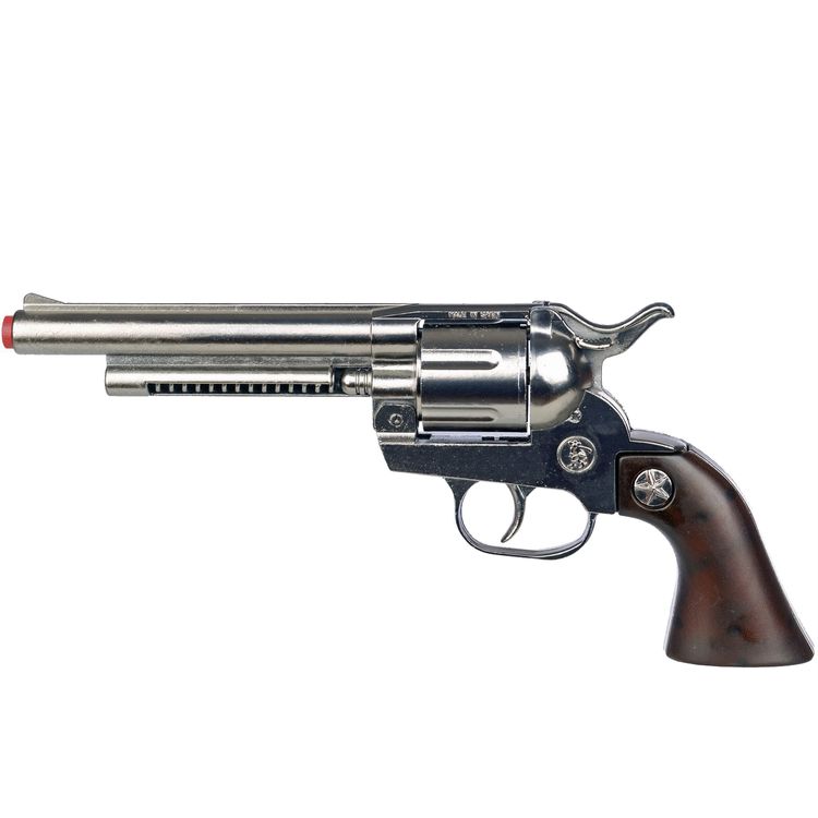 Cowboy Pistole 25 cm silbern braun 12 Schuss Western-Revolver Cowboy Pistole 25 cm silbern braun 12 Schuss Western-Revolver Kostüm-Zubehör Spielzeug-Revolver Kinder-Spielzeug Cowboy-Pistole für Kinder Western Wilder Westen Accessoire