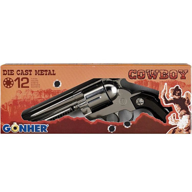 Cowboy Pistole 25 cm silbern braun 12 Schuss Western-Revolver Cowboy Pistole 25 cm silbern braun 12 Schuss Western-Revolver Kostüm-Zubehör Spielzeug-Revolver Kinder-Spielzeug Cowboy-Pistole für Kinder Western Wilder Westen Accessoire
