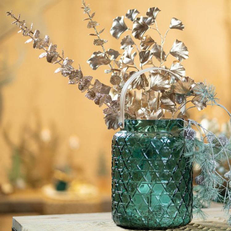 Vase grün Deko-Vase 18 x 26,7 cm mit Bambusgriff Kerzenhalter Windlicht Tisch-Deko Hochzeit Geburtstag Sommerfest Herbst Winter Garten-Party Wohn Accessoire Home Dekoration