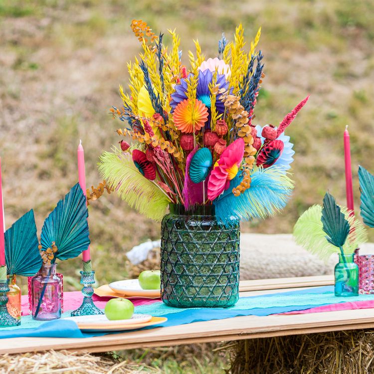 Vase grün Deko-Vase 18 x 26,7 cm mit Bambusgriff Kerzenhalter Windlicht Tisch-Deko Hochzeit Geburtstag Sommerfest Herbst Winter Garten-Party Wohn Accessoire Home Dekoration