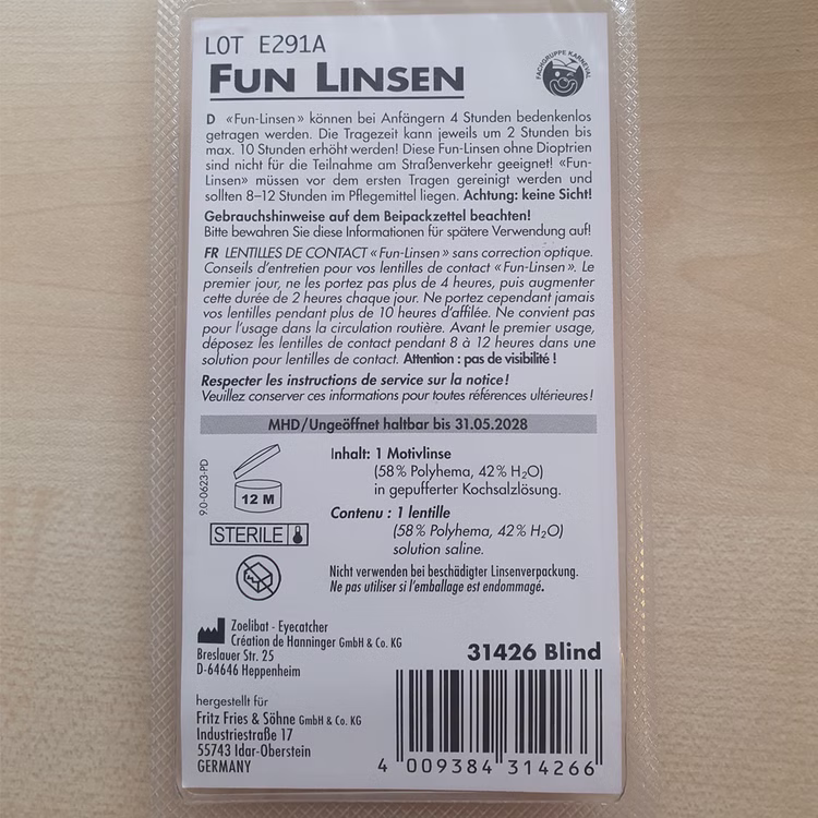 Wochenlinse eine Linse weiß Blind Zombie Halloween Kostüm-Zubehör Fasching Karneval Mottoparty Verpackung der weißen Kontaktlinse von Hinten