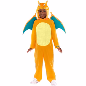 Pokemon Kostüm Glurak Overall für Kinder 3-10 Jahre orange Filmheld Tier Fasching Karneval Mottoparty Lizenzkostüm Manga Comic Serie Kinderfasching