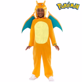 Pokemon Kostüm Glurak Overall für Kinder 3-10 Jahre orange Filmheld Tier Fasching Karneval Mottoparty Lizenzkostüm Manga Comic Serie Kinderfasching