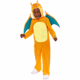 Pokemon Kostüm Glurak Overall für Kinder 3-10 Jahre orange Filmheld Tier Fasching Karneval Mottoparty Lizenzkostüm Manga Comic Serie Kinderfasching