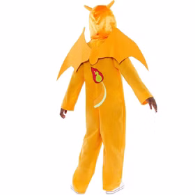 Pokemon Kostüm Glurak Overall für Kinder 3-10 Jahre orange Filmheld Tier Fasching Karneval Mottoparty Lizenzkostüm Manga Comic Serie Kinderfasching