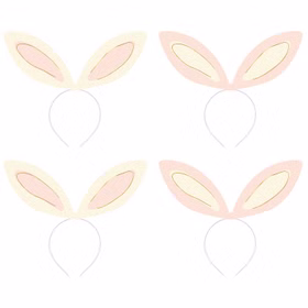 Vier DIY-Hasenohren aus Papier in Creme und Rosa mit passenden Haarreifen zum Selbstgestalten.
