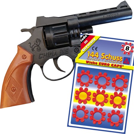 Revolver Pistole braun schwarz 17 cm 8 Schuss inkl. 144 Schuss-Munition 