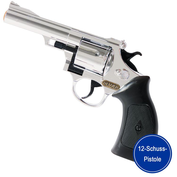 Pistole Denver Chrom 22 cm 12-Schuss Revolver Western-Colt Pistole Denver Chrom 22 cm 12-Schuss Revolver Western-Colt für Kinder und Erwachsene Kostüm-Zubehör Spielzeug-Waffe Accessoire