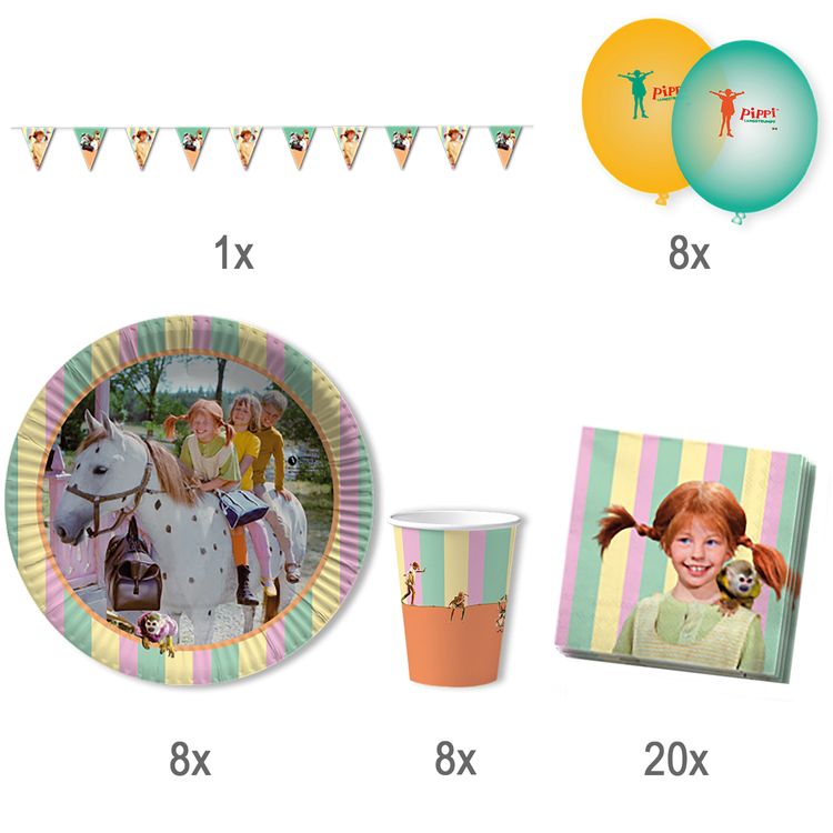 Pippi Langstrumpf Party-Set 45-tlg. Tisch-Deko Pippi Langstrumpf Party-Set 45-tlg. Tisch-Deko Party-Zubehör Party-Geschirr Kindergeburtstag Mottoparty