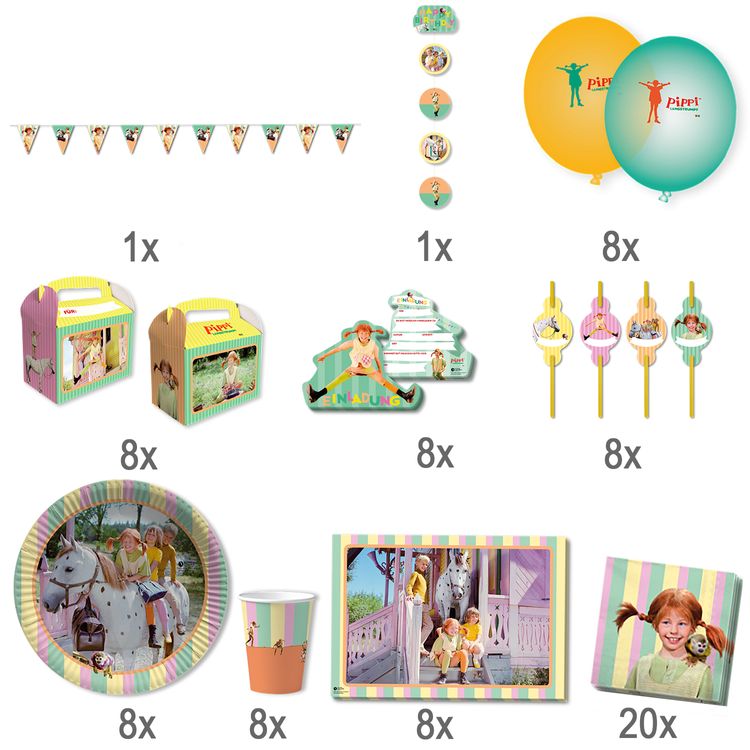 Pippi Langstrumpf XXL Party-Set 78-tlg. Tisch-Deko Pippi Langstrumpf XXL Party-Set 78-tlg. Tisch-Deko Party-Zubehör Party-Geschirr Kindergeburtstag Mottoparty