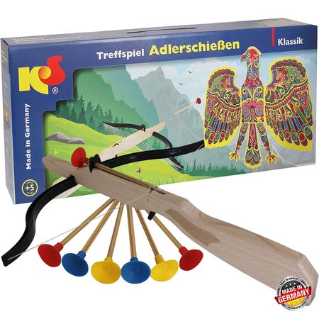 Treffspiel Adlerschießen Spielzeug aus Holz bunt mit 6 Pfeilen & Armbrust
