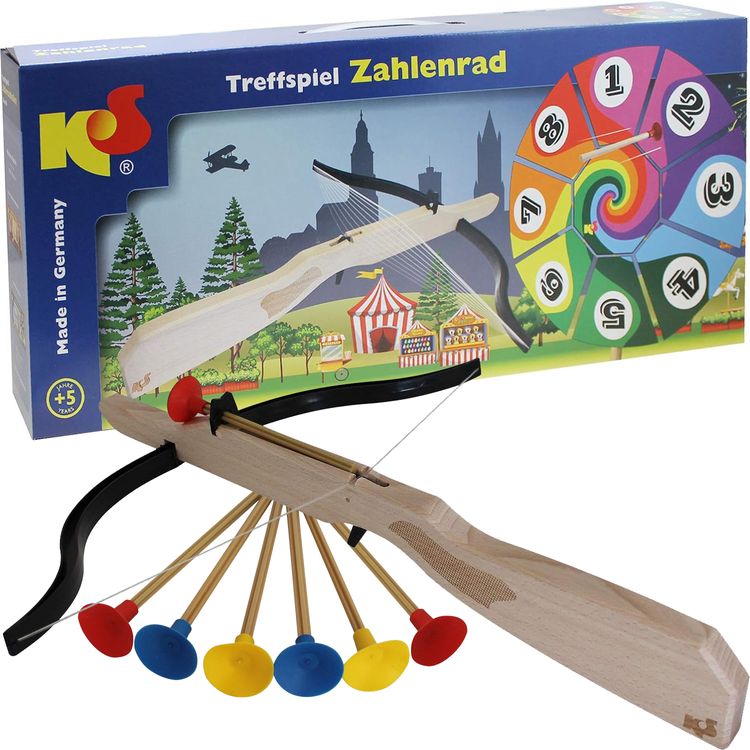 Treffspiel Zahlenrad Spielzeug aus Holz Bogenschießen mit 6 Pfeilen & Armbrust Pfeil und Bogen Indianer Rollenspiel für Kinder hochwertiges Holzspielzeug made in Germany