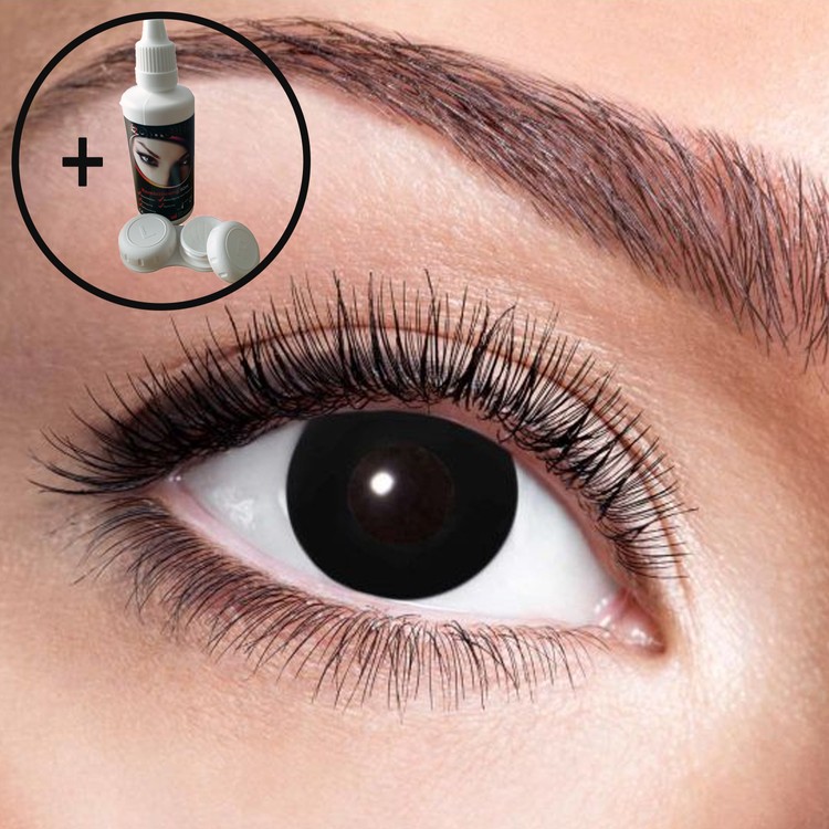 Schwarze Kontaktlinsen Black Witch weich inkl. 60 ml Kombilösung mit Behälter Kontaktlinsen-Zubehör Kostüm-Zubehör Halloween Fasching Karneval Mottoparty 