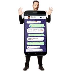 Whats App Kostüm für Erwachsene mit einem lustigen, bedruckten Chatverlauf von Vorne