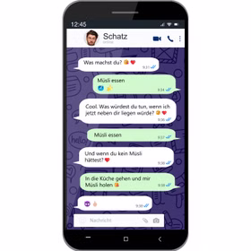 Nahaufnahme Whats App Kostüm mit einem lustigen, bedruckten Chatverlauf 