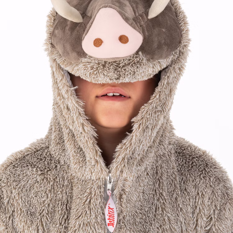 Wildschwein Kostüm aus Asterix & Obelix für Kinder Gr. 128-152 grau Tier Tierkostüm Lizenzkostüm Fasching Karneval Mottoparty Detailansicht Reißverschluss mit Aufschrift "Asterix" für Kinder