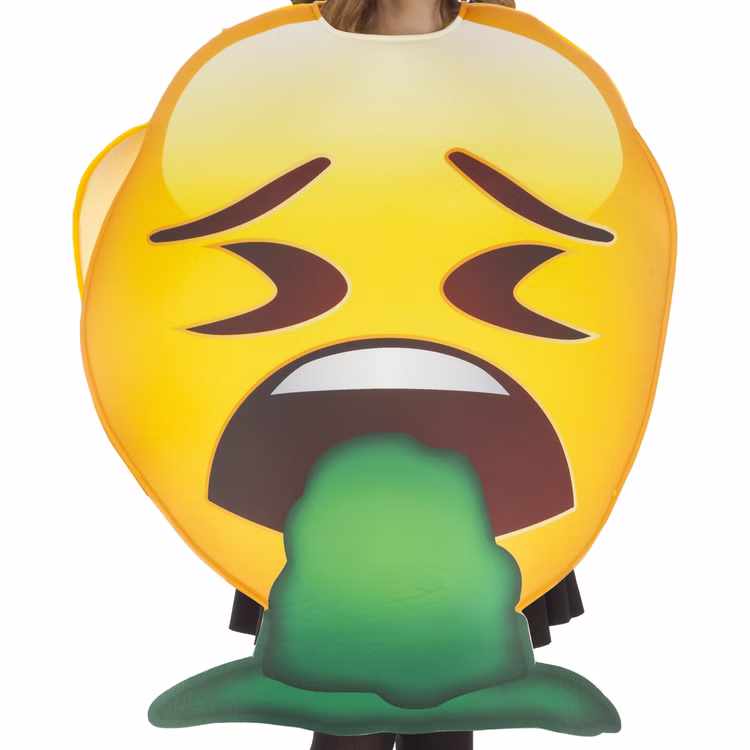 Emoji Kostüm kotzendes Gesicht Brechreiz für Kinder und Erwachsene Fasching Karneval Mottoparty Paar- und Gruppenkostüme Nahaufnahme Emoji Kostüm kotzendes Gesicht