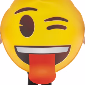 Nahaufnahme Emoji Kostüm zwinkerndes Gesicht mit herausgestreckter Zunge