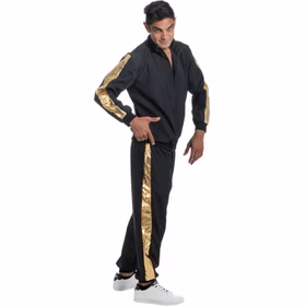 Rapper Kostüm Musiker Rap-Gott für Herren Gr. M-XL Schwarz Gold Jogginganzug Fasching Karneval Mottoparty Rapper Kostüm Musiker Rap-Gott für Herren seitlich den rechten Finger nach unten zeigend