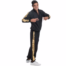 Rapper Kostüm Musiker Rap-Gott für Herren Gr. M-XL Schwarz Gold Jogginganzug Fasching Karneval Mottoparty Rapper Kostüm Musiker Rap-Gott für Herren seitlich die Finger zum Peace-Zeichen geformt