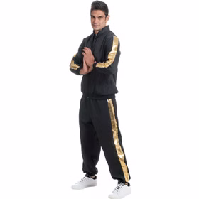 Rapper Kostüm Musiker Rap-Gott für Herren Gr. M-XL Schwarz Gold Jogginganzug Fasching Karneval Mottoparty Rapper Kostüm Musiker Rap-Gott für Herren seitlich bereit für den Rap-Battle