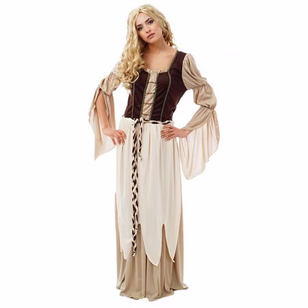 Mittelalter Kostüm Magd Amalie für Damen Gr. S-XXL Kleid beige Mittelaltermode Ritterfest Mittelalterfest Mittelaltermarkt Fasching Karneval Mottoparty Mittelalter Kostüm Magd Amalie für Damen von Vorn mit eingestützten Armen an der Hüfte