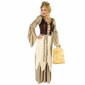 Mittelalter Kostüm Magd Amalie für Damen von Vorn mit einem hellen Holzeimer in der Hand