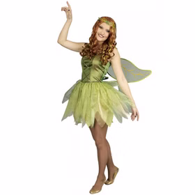 Fee Kostüm Elfe des Waldes Flora für Damen Gr. 40-50 Kleid grün Märchen Fasching Karneval Mottoparty Fee Kostüm Elfe des Waldes Flora für Damen mit rechtem Arm und Zeigefinger der nach oben zeigt