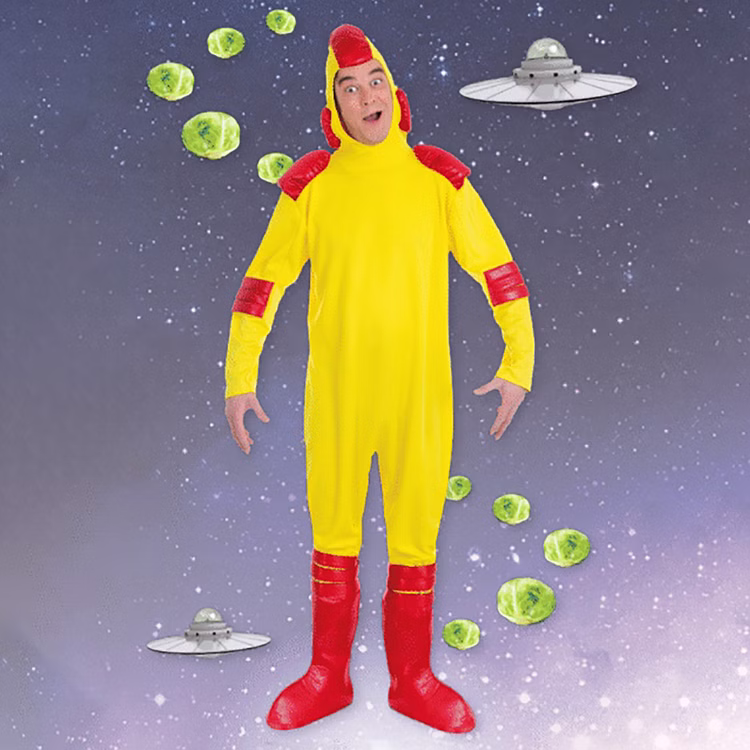 Alien Kostüm Außerirdischer Louis Kohlkopf für Herren Onesize gelb rot Fasching Karneval Mottoparty 80er Jahre Alien Kostüm Außerirdischer Louis Kohlkopf für Herren von Vorne im Weltall im Hintergrund schweben zwei Raumschiffe und grüne Rosenkohl-Köpfe umher