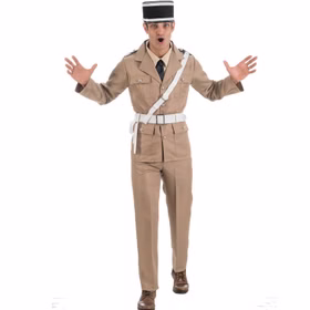 Polizei Kostüm Gendarme De Saint-Tropez mit Hut für Herren Gr. M-XXL beige Fasching Karneval Mottoparty Polizei Kostüm Gendarme De Saint-Tropez mit Hut für Herren mit ausgebreiteten Armen und aufgerissenem Mund von Vorne