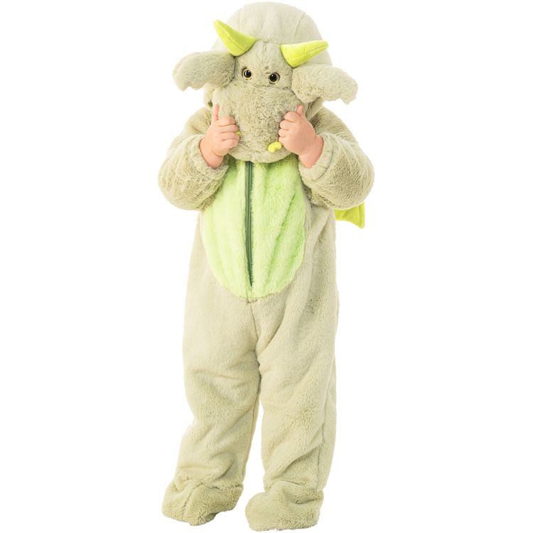 Drachen Kostüm Kleiner Mini Drache Yari von Vorne und die Hände auf den Kapuzenkopf gelegt