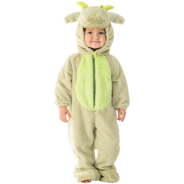 Drachen Kostüm Kleiner Mini Drache Yari von Vorne und die Hände auf den Kapuzenkopf gelegt