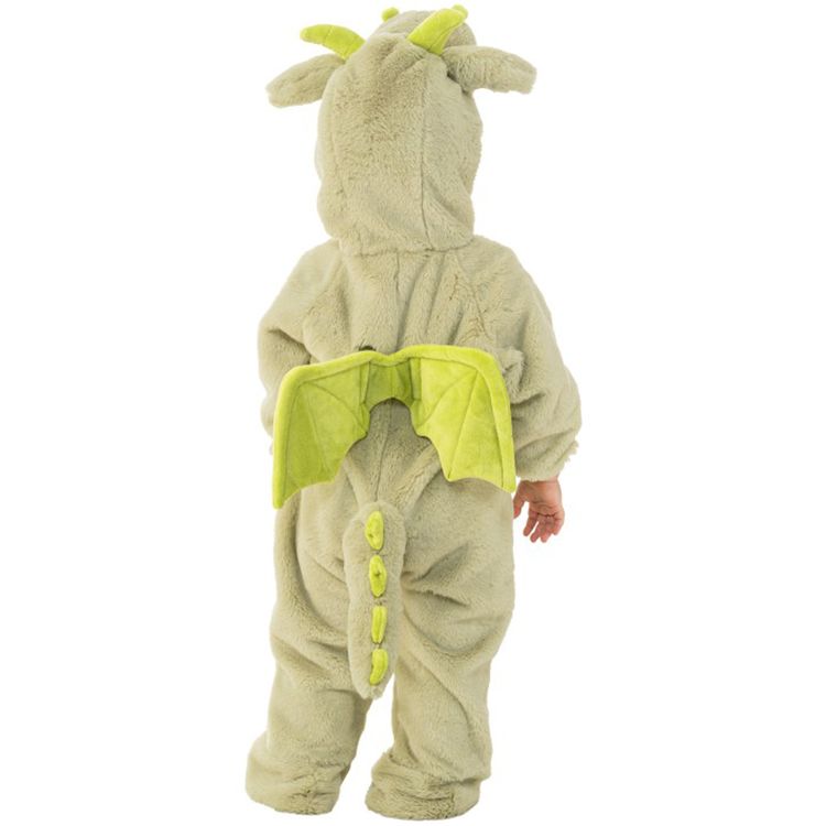 Drachen Kostüm Kleiner Mini Drache Yari von Vorne und die Hände auf den Kapuzenkopf gelegt